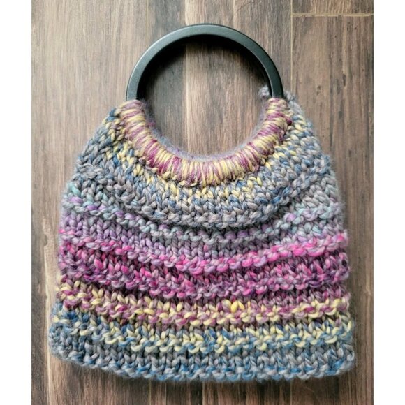 Handknit Purple Blue 13x10 Lined Wood Circle Handle Purse Boho Cottagecore - Picture 5 of 9
